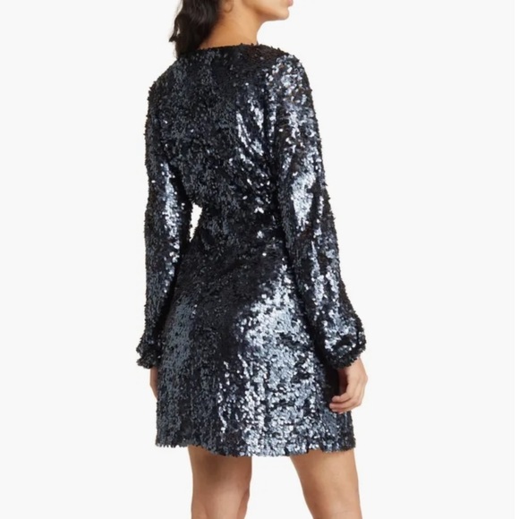 French Connection Bisma Sequin Long Sleeve Faux Wrap Cocktail Dress sz 12 NWT - Picture 2 of 15